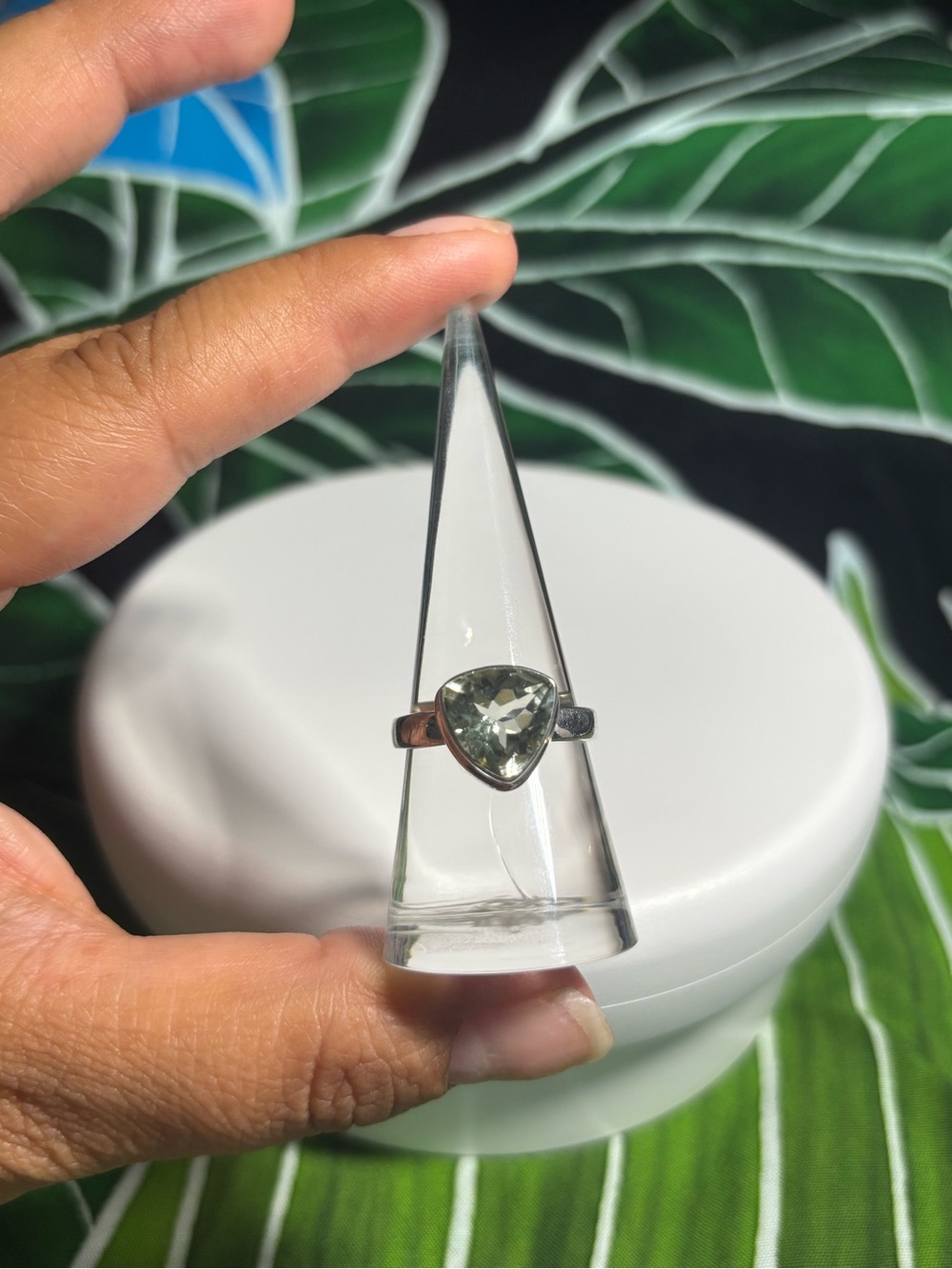 Sterling Silver Trillion Green Amethyst Ring - Green Stone